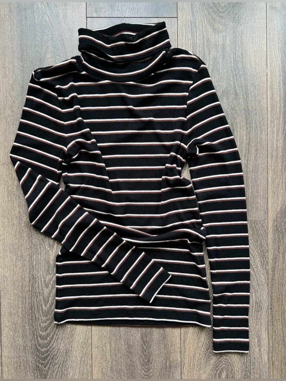 Evereve Sanctuary Brown, Black & White Striped Turtleneck in XS